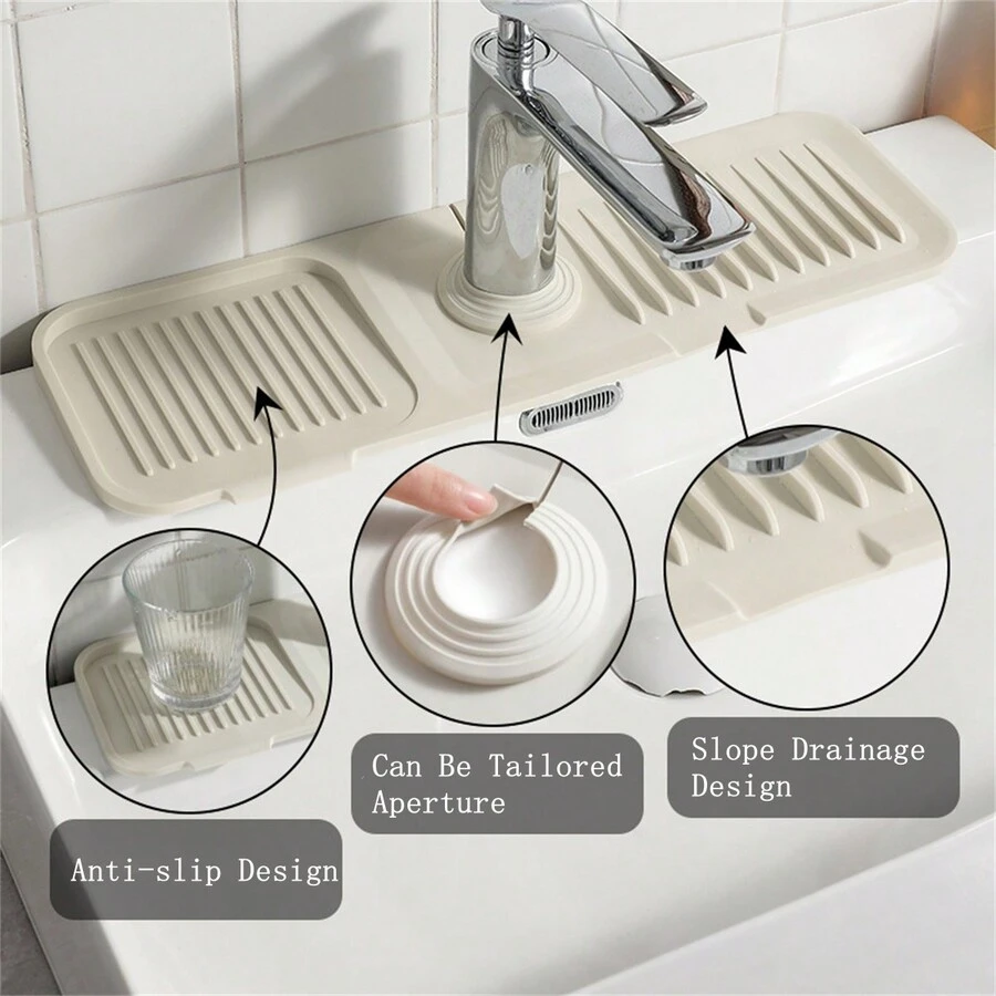 1pc Thickened Silicone Kitchen Faucet Drain Pad In Beige, Bathroom Sink Organizer Faucet Base Waterproof Pad - Beige - View 1
