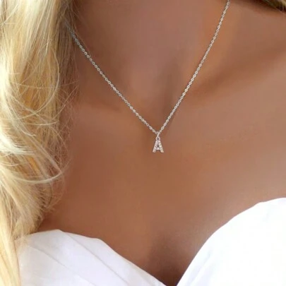 1pc Classic Silver Color Initial Pendant Chain Necklace For Women
