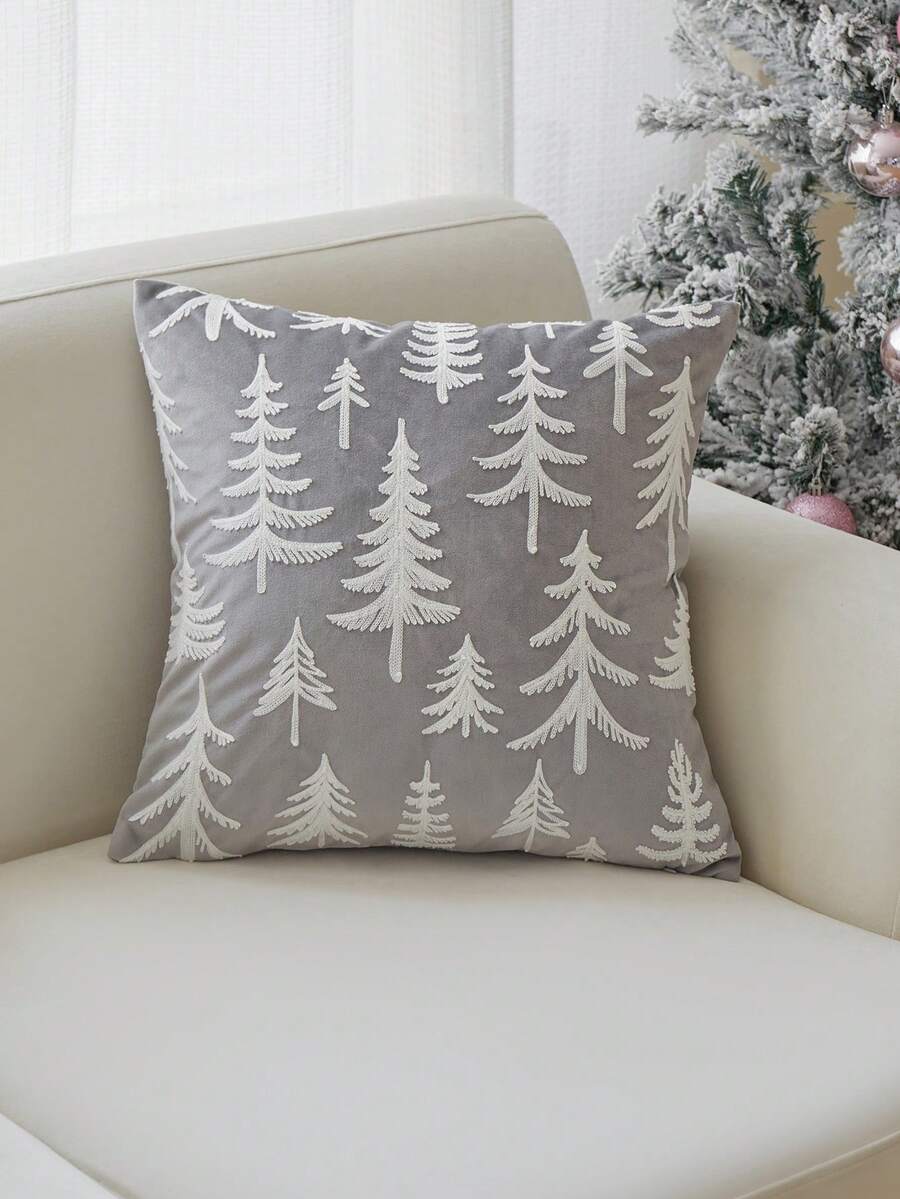 1 Vỏ gối thêu hình cây thông Noel màu xám, dùng để trang trí trong nhà, Vỏ gối trang trí Giáng sinh, Không bao gồm ruột gối