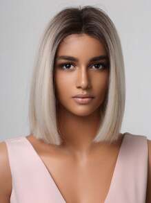 14 英寸浅金色深色发根和白色、黑色彩色中分短直发漂亮日常使用女士假发合成假发，角色扮演白色彩色合成假发女士高温假发中分直发假发假日日常时尚合成假发编织假发适合万圣节和圣诞节