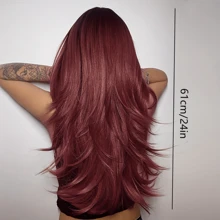Women's Burgundy High Temperature Fiber Synthetic Hairpieces With Brown Bangs, 61cm/24in, Long Wavy Hair Wig With Dark Root And Layered Design, Heat Resistant For Natural Look, Suitable For Daily Wear And Parties - Burgundy - View 2