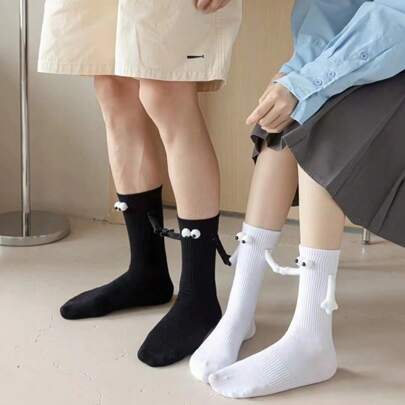 2pairs Black And White Solid Color Magnetic Attraction 3d Cartoon Socks, Summer Fashion Ankle Socks