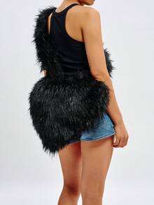 件毛絨大容量貝殼形單肩包，帶有心形和星星細節，復古個性風格 - 黑色 - 查看 6