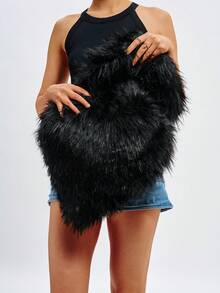 件毛絨大容量貝殼形單肩包，帶有心形和星星細節，復古個性風格 - 黑色 - 查看 4