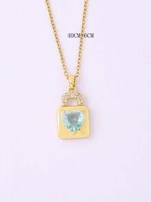 Minimalist Women's Chic & Versatile Collarbone Chain Pendant Necklace With Double Heart Lock Design - Blue - View 4