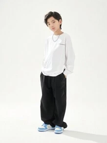 Boys Slant Pocket Solid Trousers Without Chain - Black - View 2