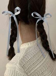 2 件装女士时尚蓝色长丝丝带蝴蝶结发夹，小号甜美优雅涤纶发饰弹力发夹蝴蝶飘带优雅头饰，送给女士的可爱礼物 - 藍色 - 查看 5