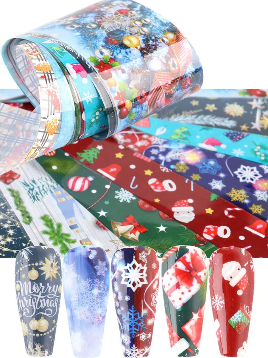 10 件装圣诞指甲贴纸 铝箔冬季新年雪花指甲滑块转移贴花凝胶抛光装饰包裹美甲