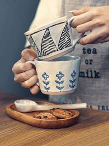1 pièce Set de tasse à café en céramique, Tasse en céramique et Sous-tasse en bois, Convient pour un usage domestique et au bureau, Un excellent cadeau pour les amis à la rentrée scolaire