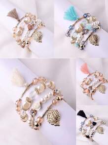 Bohemian Style Multilayer Beaded Bracelet, Elastic - Pink - View 2