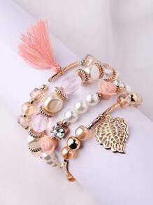 Bohemian Style Multilayer Beaded Bracelet, Elastic - Pink - View 1