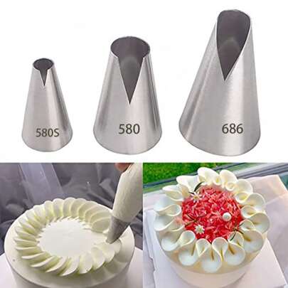 3pcs/set 580s 580 686 Stainless Steel Icing Nozzle Set, Ideal For Decorating Cakes, Cupcakes, Cookies, Baking Tools, Pastry Accessories, Cream Tools, V-shaped And Wave Cake Decoration