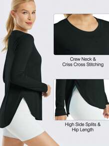 Camiseta Deportiva De Manga Larga Para Mujer Con Cuello Redondo Y Protección Solar Y Dobladillo Curvo Negra - Negro - Ver 6