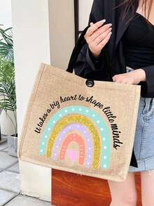 簡約字母印花亞麻托特包,多功能便攜托特包,教師讚賞亞麻袋,適用於女性禮品,教師節禮物 - 卡其色 - 查看 2