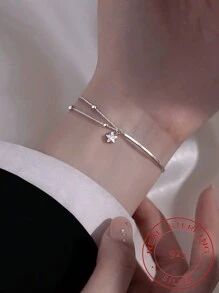 1入組銀S925純銀時尚星星吊墜嵌入式水鑽手環,街頭風女性首飾類禮品