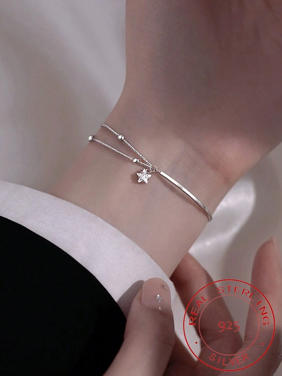 1入組銀S925純銀時尚星星吊墜嵌入式水鑽手環,街頭風女性首飾類禮品