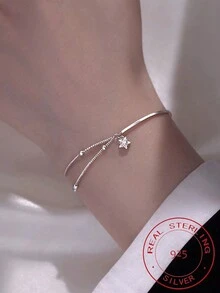 1入組銀S925純銀時尚星星吊墜嵌入式水鑽手環,街頭風女性首飾類禮品