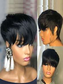 Pixie Cut Wigs For Women Brazilian Short Cut Bob Short Remy Hair Short Pixie Layered Wigs Full Machine Wig Glueless Wig (Pixie Cut Wig, Black Color) - Black - View 4