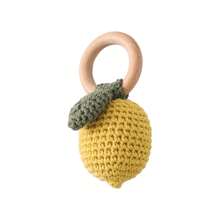 1pc Handmade Crochet Baby Lemon Teether With Wooden Ring, Chewable Teething Toy, Hanging On Stroller