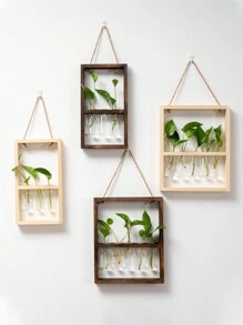 1入組帶有木質支架的掛牆玻璃盆栽,可掛牆試管花瓶,牆掛玻璃盆栽繁殖站 - 棕色 - 查看 2