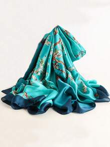 1pc Women's Fashionable Printed Lotus Satin Beach Shawl Scarf, Suitable For Daily Wear - Blue - View 4
