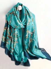 1pc Women's Fashionable Printed Lotus Satin Beach Shawl Scarf, Suitable For Daily Wear - Blue - View 2