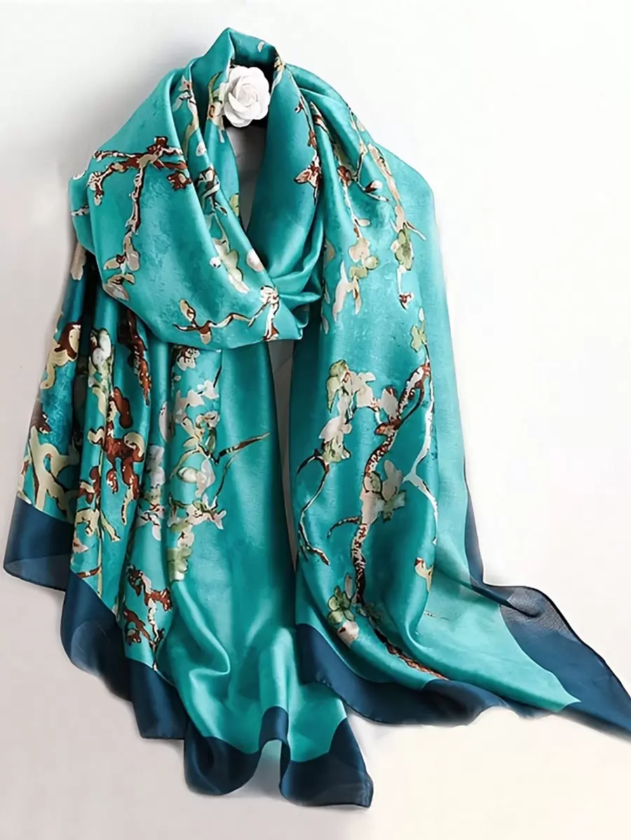 1pc Women's Fashionable Printed Lotus Satin Beach Shawl Scarf, Suitable For Daily Wear
