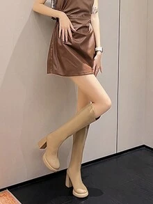 歐美女過膝高跟厚底v口騎士靴粗跟彈力黑色細長靴短高過膝靴 - 卡其色 - 查看 3