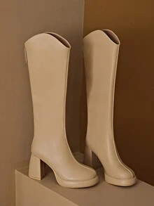 歐美女過膝高跟厚底v口騎士靴粗跟彈力黑色細長靴短高過膝靴 - 卡其色 - 查看 2
