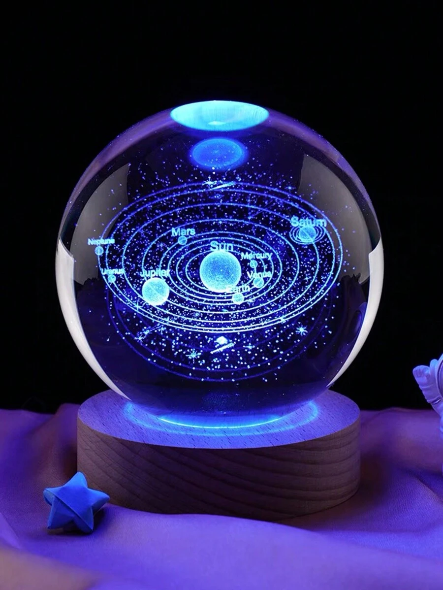 3d激光雕刻星空太陽系圖案水晶球,彩色燈光,家居裝飾和禮品 - 無色 - 查看 1
