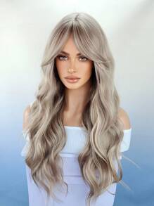 灰金發長款波浪捲合成假髮帶劉海燈棕色大波浪頭髮假髮適合女士日常派對 - 卡其色 - 查看 3