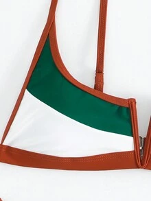 女士撞色细肩带上衣和高腰下装运动比基尼套装夏季 - 綠色 - 查看 3