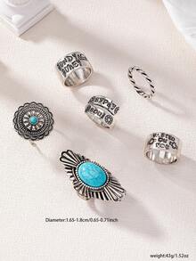 6 Pcs  Western Turquoise Stone Decor Stamped Statement Rings Set for Women - Antique Silver - View 3