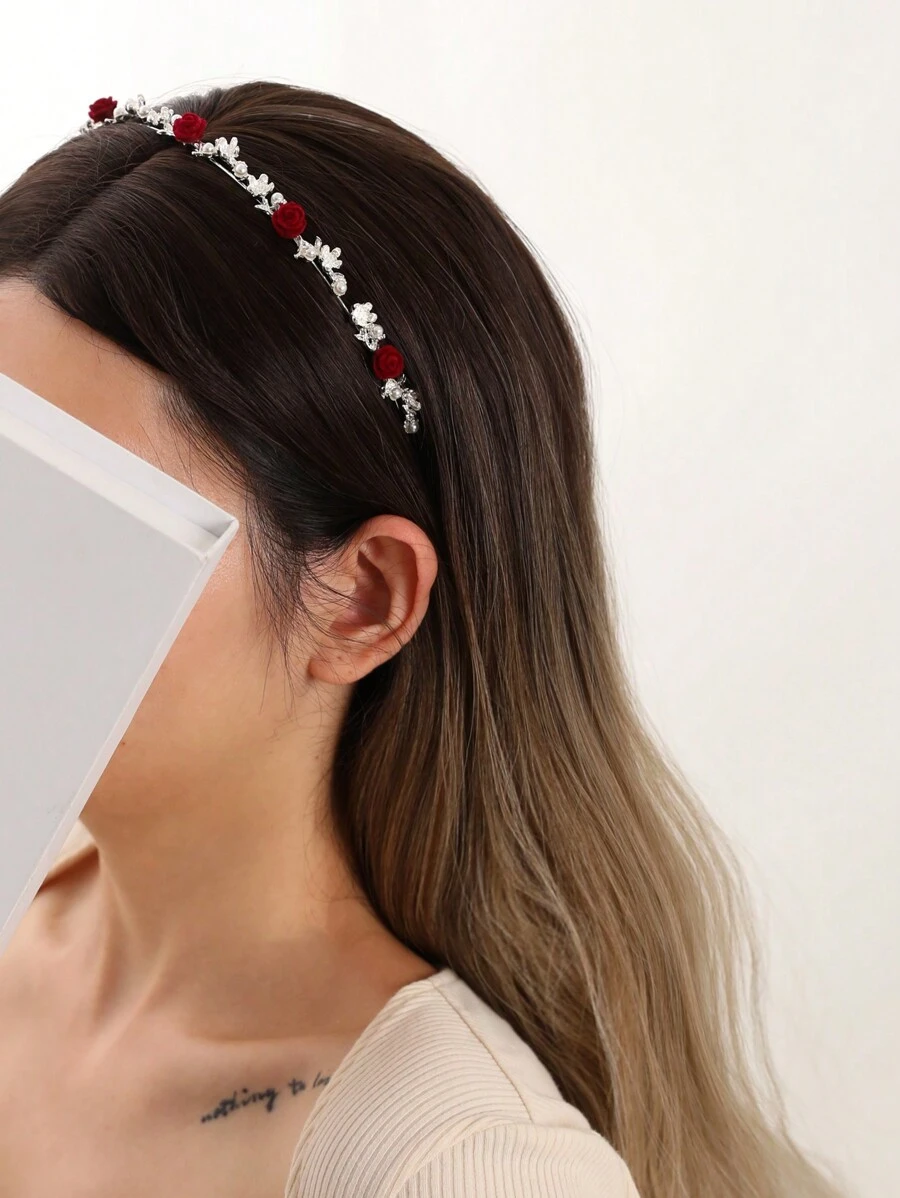 红玫瑰、蝴蝶和仿珍珠装饰发箍，优雅头饰，情人节礼物，发箍，发圈，发带，发饰，头饰