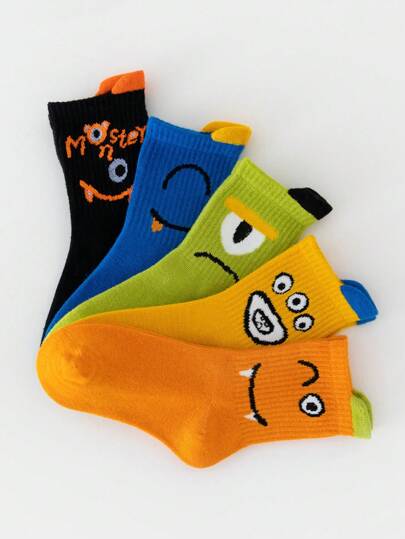 5pairs/set Boys' Cute Monster Design Heel Protectors Sports Socks, Comfortable & Versatile Crew Socks For Back To School Outfits