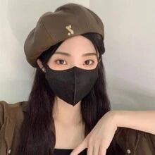 1入組卡其色PU皮革貝雷帽帽帶花卉圖案點綴,韓語風格八角形帽子,南瓜帽,甜美風和迷人的畫家帽,可愛秋天和冬天帽