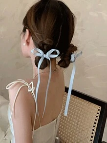 2 件装女士时尚蓝色长丝丝带蝴蝶结发夹，小号甜美优雅涤纶发饰弹力发夹蝴蝶飘带优雅头饰，送给女士的可爱礼物 - 藍色 - 查看 4