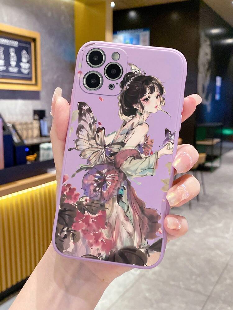 1pc Hand-Painted Purple Straight Edge Phone Case Compatible With Iphone/Compatible With Galaxy/Compatible With Xiaomi/Compatible With Redmi