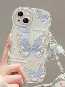 Luxury With Phone Charm Summer 1pc Butterfly Charm Bracelet + Blue Shockproof Tpu Phone Case Compatible With IPhone 15/15Pro/15Plus/15Promax Waterproof Anti-Fall Scratch Resistant - Multicolor - View 3