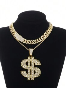 Collar Unisex Con Colgante De Signo De Dólar, Diseño De Cadena Multicapa, Longitud De 50cm (disponible En Oro Y Plata) - Amarillo Oro - Ver 1