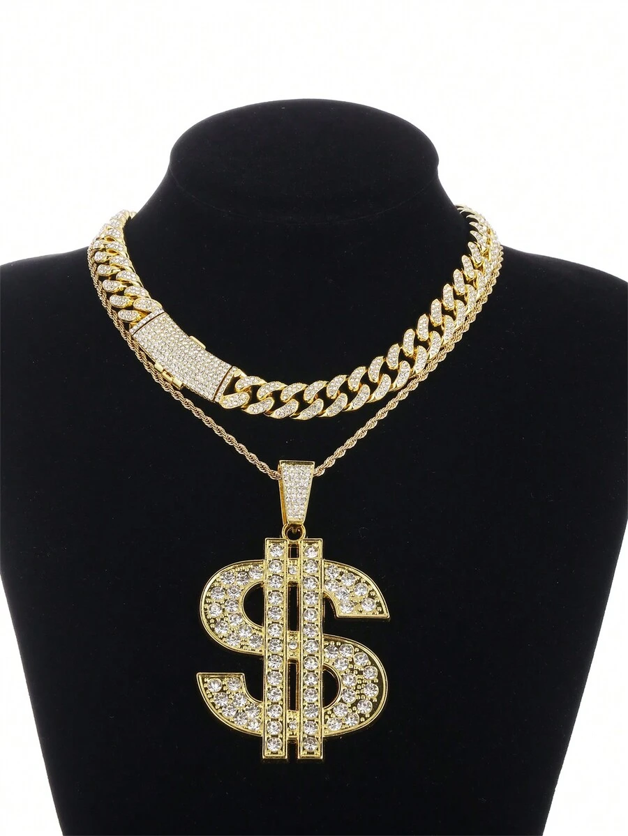 Collar Unisex Con Colgante De Signo De Dólar, Diseño De Cadena Multicapa, Longitud De 50cm (disponible En Oro Y Plata) - Amarillo Oro - Ver 1