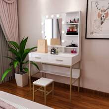 JOYSOURCE Large Vanity Set with Lighted Mirror, 9 Lights Bulbs, Makeup Vanity Desk with Drawers, Gold-White Vanity Table Set with Cushioned Stool, Makeup Table for Women, Girls, Bedroom