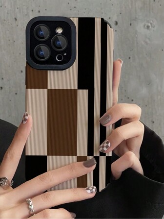 1pc Colorblock Plaid Leather Texture Shockproof Phone Case Compatible With Apple & Models Waterproof Anti-Fall Scratch Resistant