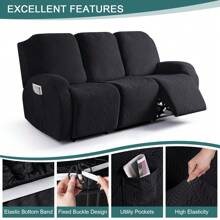 Stretch Recliner Sofa Covers, Reclining Couch Covers With Pockets, Jacquard Reclining Sofa Covers Soft Washable Furniture Protector With Elastic Bottom - 黑色 - 查看 5