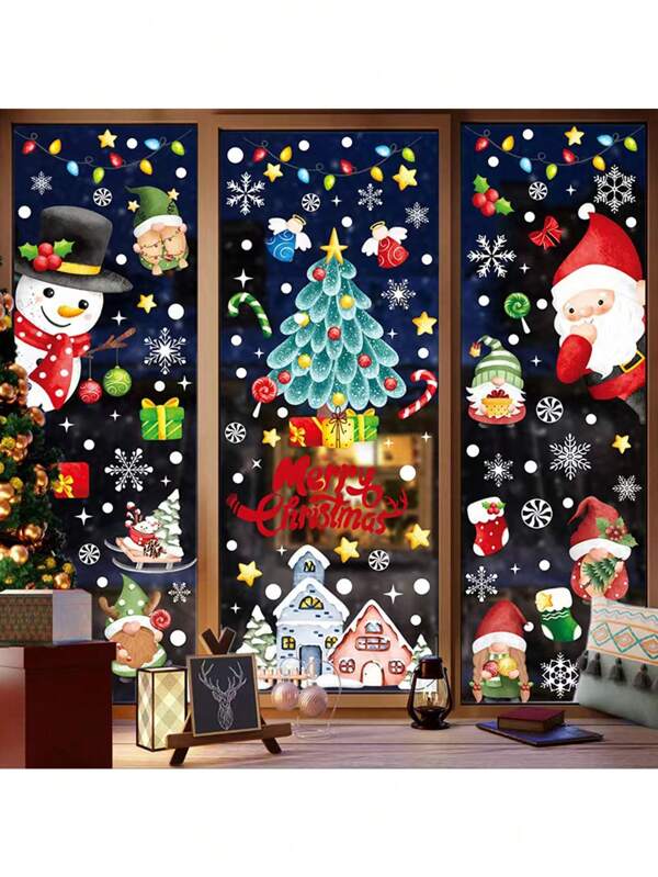 9pcs Christmas Decoration Static Cling Window Stickers, Featuring Santa Claus And Snowflake Pattern