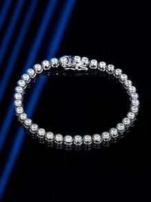 ORSA JEWELS 1 PC Genuine 925 Sterling Silver Round Stone Tennis Chain Bracelet 4A Grade Cubic Zirconia Women Hand Chain Luxury Hand Jewelry For Birthday Party Christmas Gift - Silver - View 5