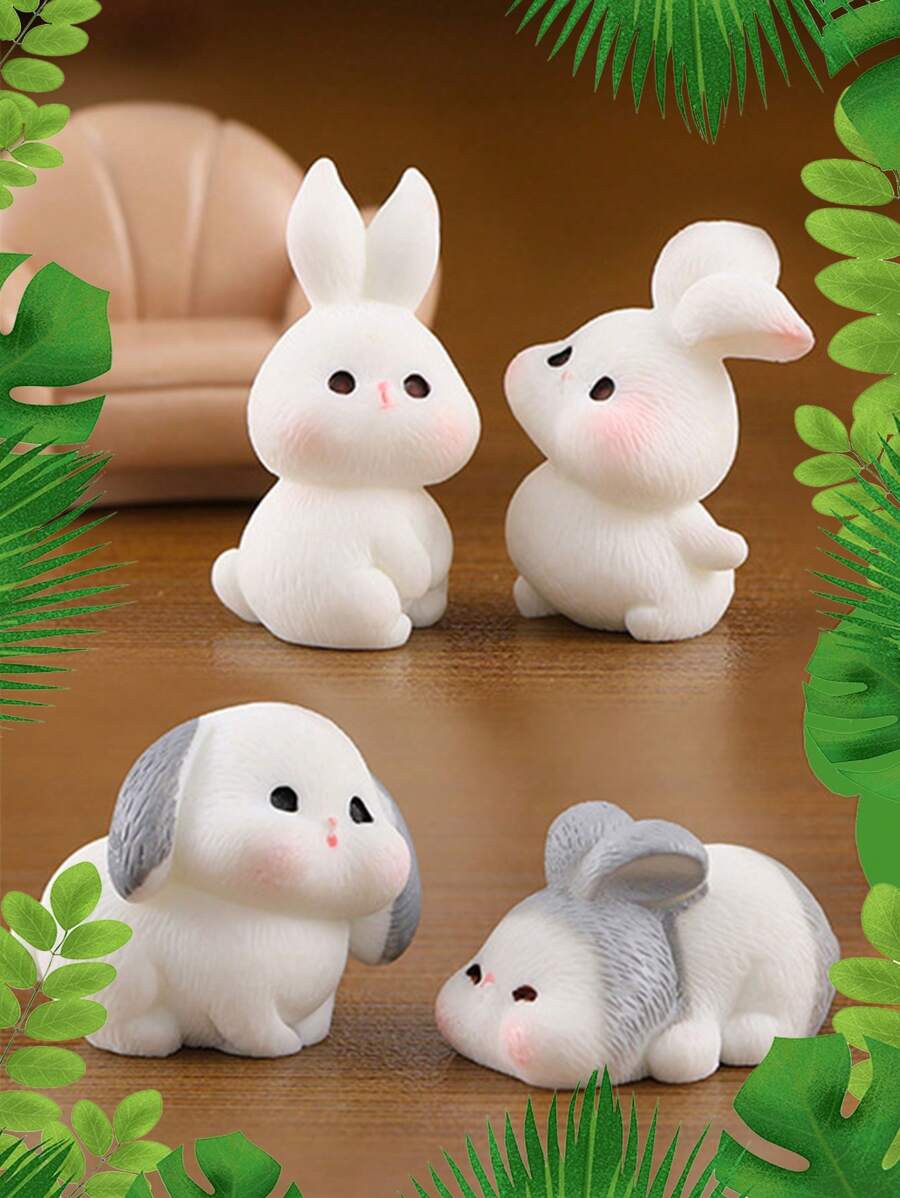 Set Of 4 Cute White Bunny Figurines/home Decorations - White 4 combination - View 1