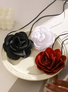 3入組復古時尚山茶花緞帶項鍊,緞面玫瑰頸圈,現代花卉項鍊,優雅女士服飾珠寶套裝,適用於派對 - 彩色 - 查看 4