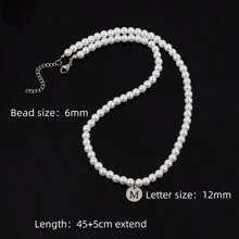 1入不鏽鋼圓形首字母吊墜,寬度6mm的男士假珍珠項鍊,適用於聚會 - 白色 - 查看 2