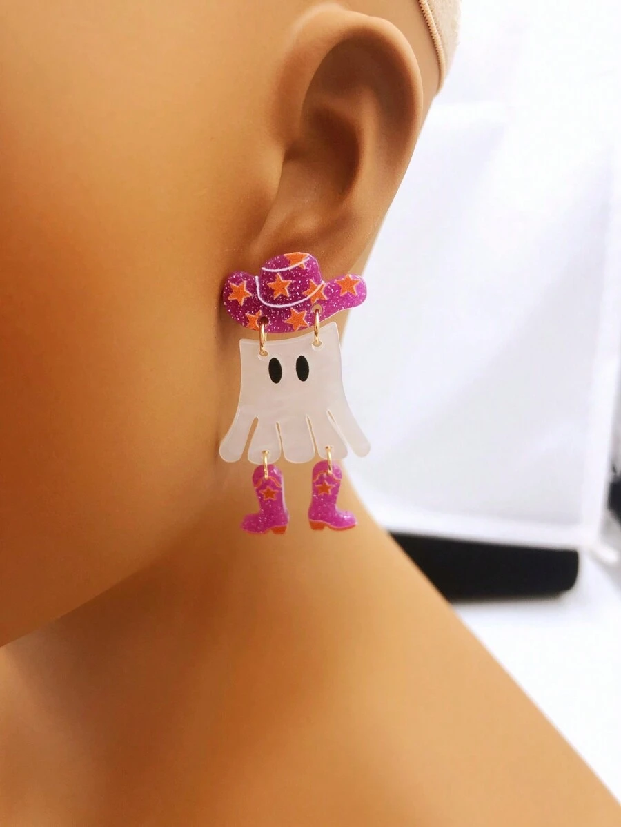 1 đôi Acrylic Nấm & Hình Ma Halloween Hoa tai - Hồng - Xem 1